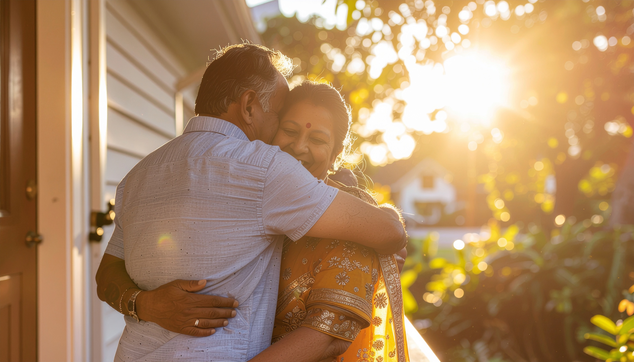 Mature Couple Embracing on a Sunny Porch